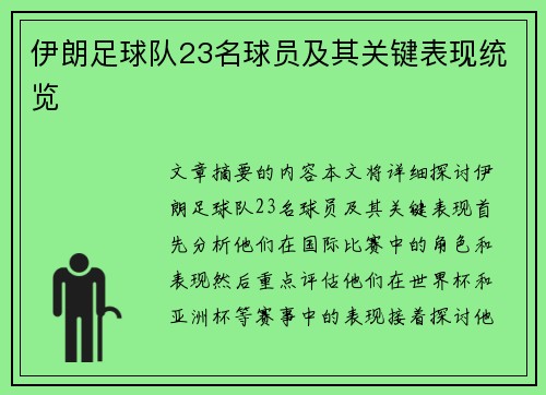 伊朗足球队23名球员及其关键表现统览